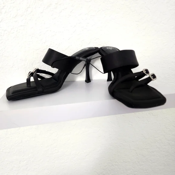 Zara Women's New, Heeled Black Mule Sandals With Rhinestone Buckles.  Size US 8 - Picture 4 of 11